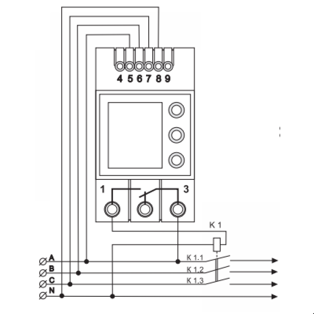 Digitop vp 3f40a. Реле напряжения трехфазное DIGITOP VP-380v. Схема подключения трехфазного реле контроля напряжения. Реле контроля напряжения 3 фазы схема подключения. Реле напряжения 380в схема подключения.